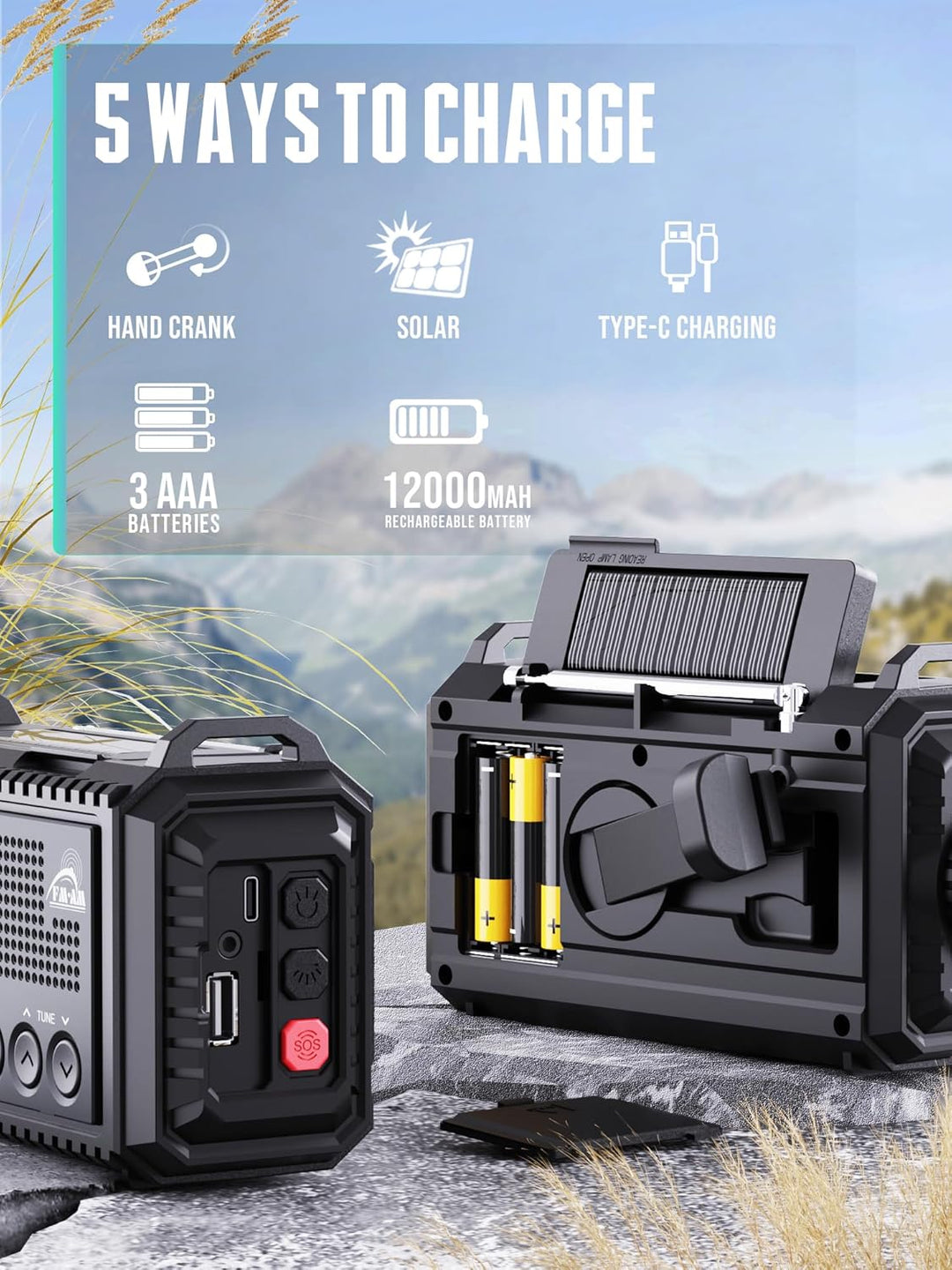 Kurbelradio mit Solar & 12000mAh Powerbank | AM/FM/SW Notfallradio, USB-C Handyladung, SOS-Alarm, Ta