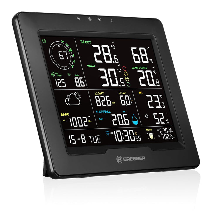 Bresser WLAN Wetterstation 8-in-1 mit Aussensensor, WBGT-Hitzestress-Index, UV, Regen, Wind, Licht,