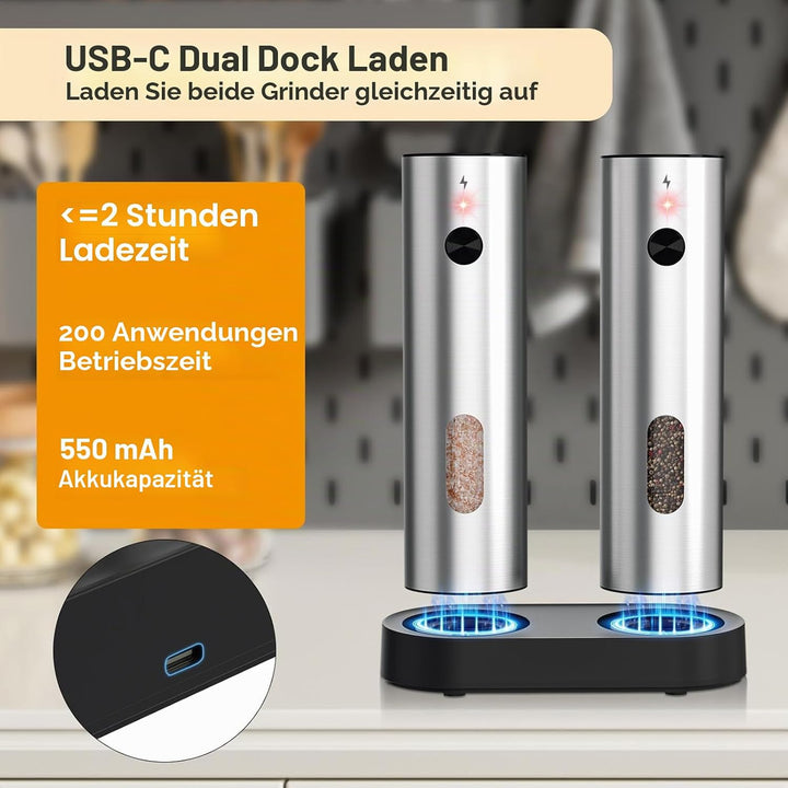 Elektrische Salz und Pfeffermühle Set, SINZONeu® Edelstahl Mühlen mit USB-C Ladestation, 5 Stufen Ma