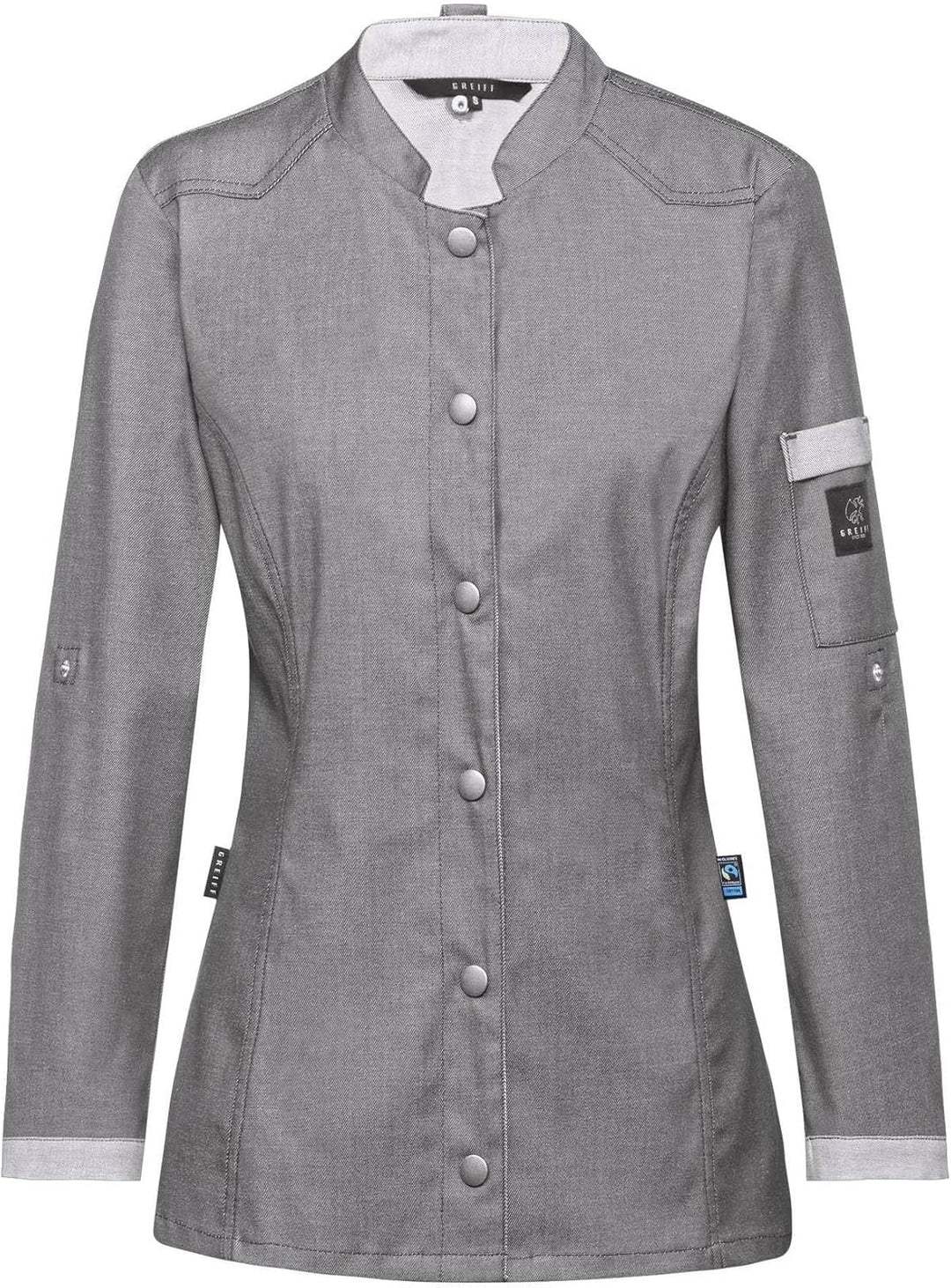 GREIFF Damen Kochjacke Im Bikerstyle Bäckerjacke Regular Fit Langarm mit Druckknopfverschluss XL Gra