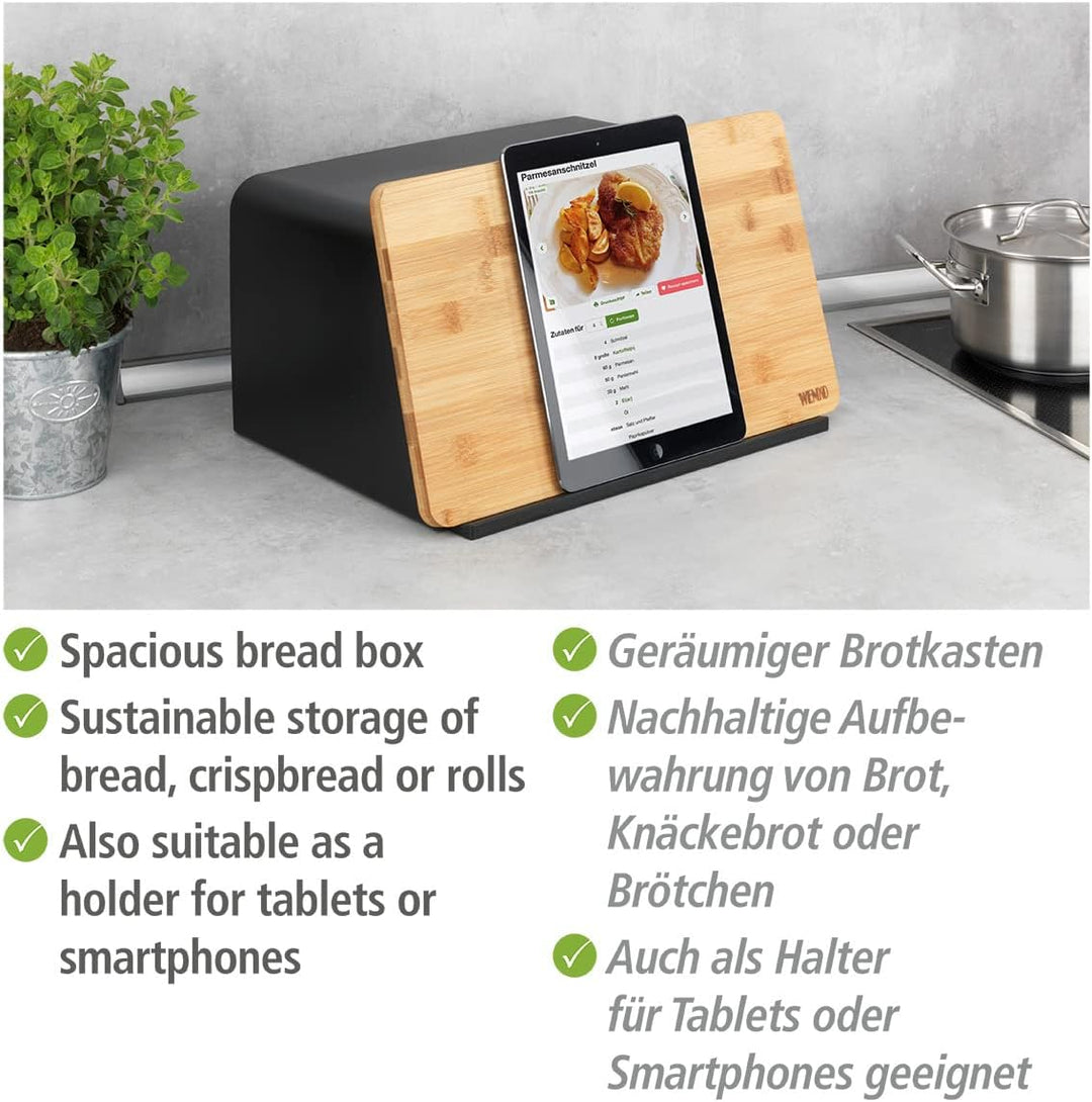 WENKO Brotkasten mit Bambusbrett Mod. Kubo, Brotaufbewahrung mit Deckel & integriertem Schneidebrett