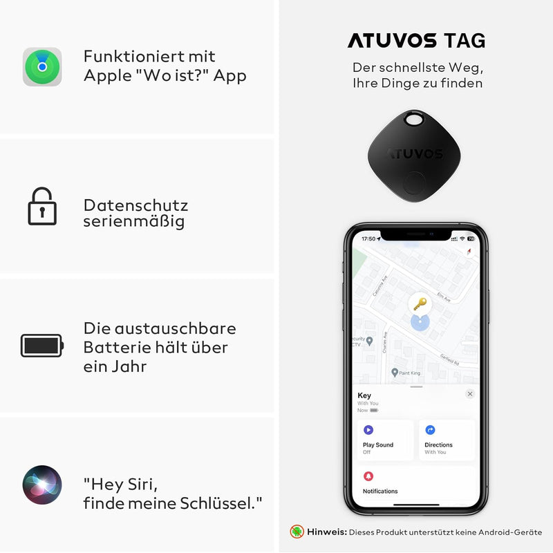 ATUVOS Schlüsselfinder Keyfinder, Smart Air Tracker Tag Kompatibel mit Apple Wo ist? APP (iOS NUR, A
