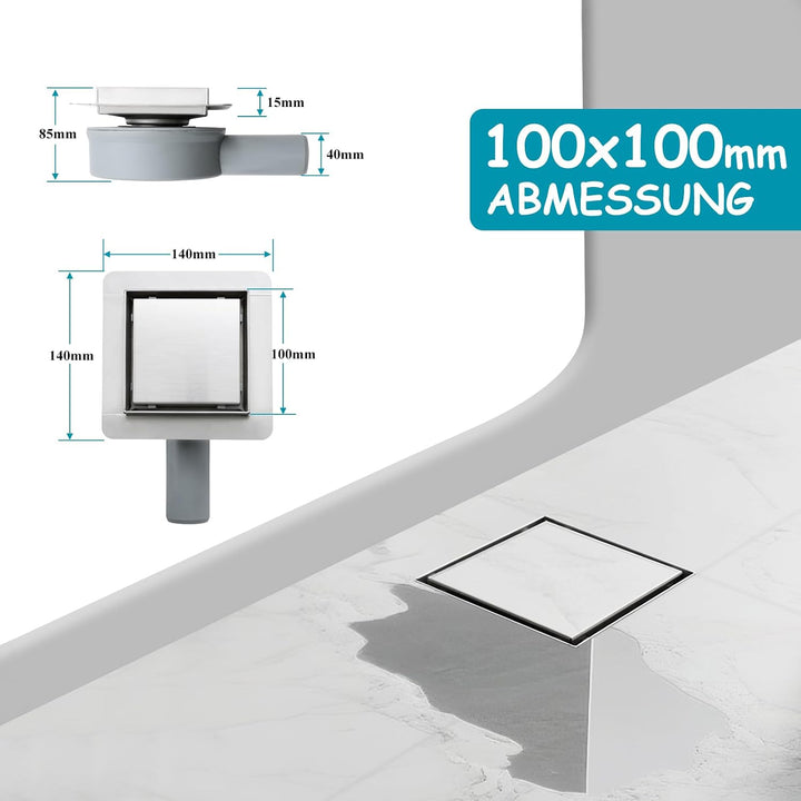 10x10cm Quadratischer Bodenablauf mit 360°Siphon - 2 in 1 Befliesbar Ablaufrinne Duschablauf, 2 Abla