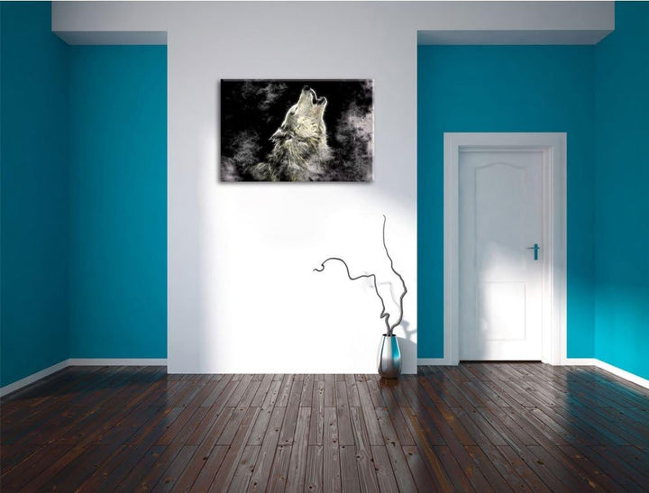 Dark Heulender Wolf Kunst Deluxe Format: 100x70 cm auf Leinwand, XXL riesige Bilder fertig gerahmt m