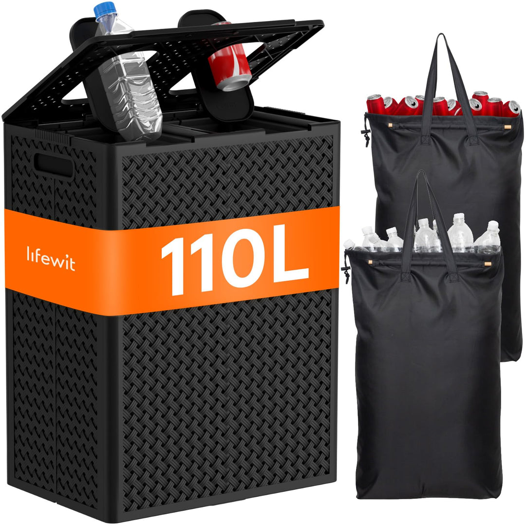 Lifewit 110L Pfandflaschen Sammelbehälter 2 Fächer mit Deckel und Flaschentasche, Flaschensammler Le