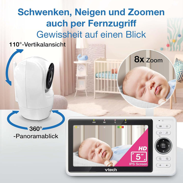 VTech Smart Babyphone mit 2 Kameras, 1080p-FHD-Kamera und 5"-HD-IPS-Bildschirm, WLAN, Geräusch-/Bewe