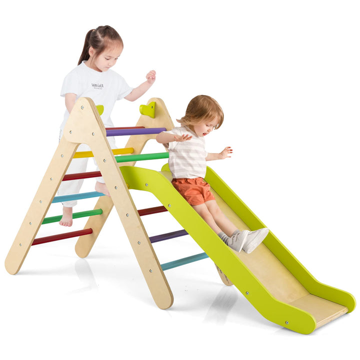 COSTWAY Kletterdreieck mit Rutsche, Klettergerüst aus Holz, Sprossendreieck zum Rutschen und Kletter