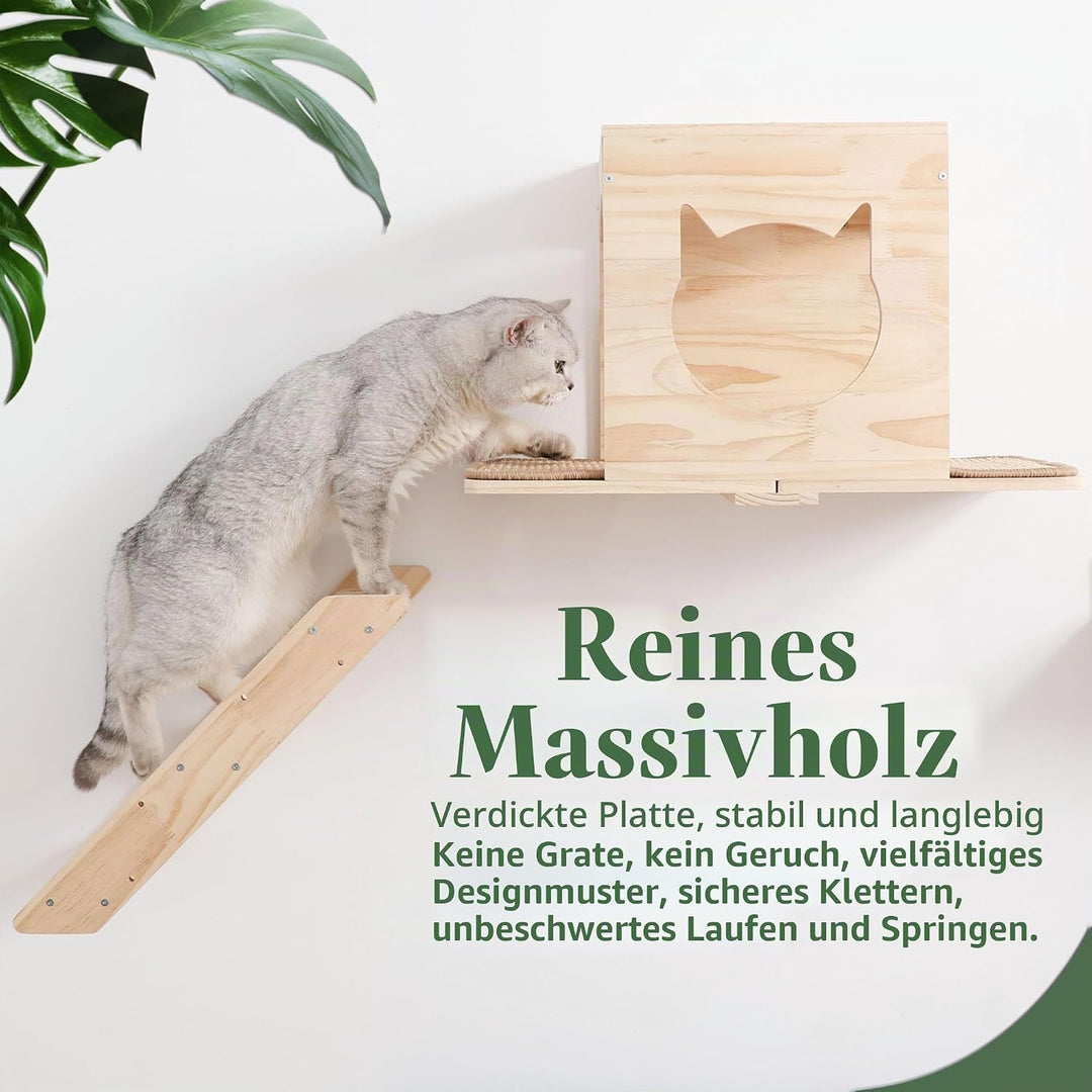 Set von Wandregalen für Katzen, mit Haus, Sisal-Kratzbaum, Kletterstufen, aus massivem Holz, für den