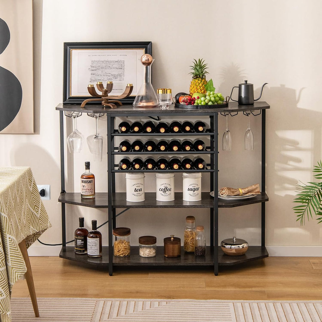 GIANTEX Sideboard mit Weinregal für 21 Flaschen, Schmaler Küchentisch mit 2 USB-Anschlüssen & 2 Stec