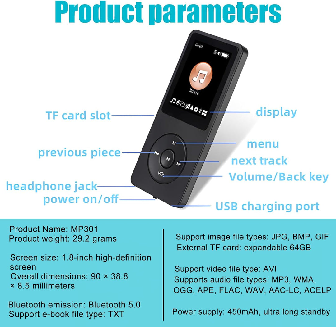 MP3 Player, 64GB MP3-Player Mit Bluetooth 5.0, 1.8" Screen Tragbare Musik Player FM-Radio, E-Book, A