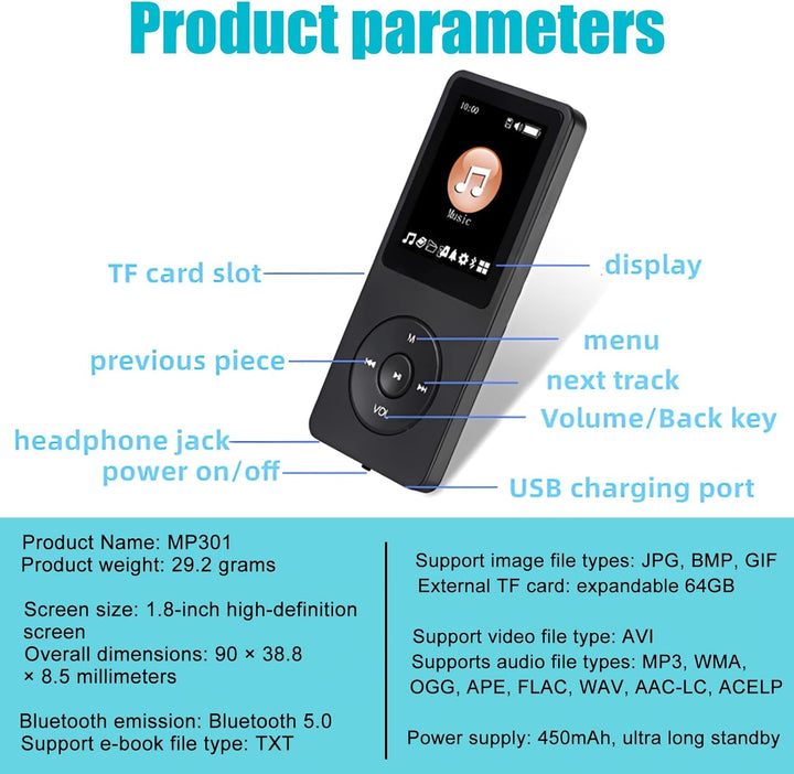 MP3 Player, 64GB MP3-Player Mit Bluetooth 5.0, 1.8" Screen Tragbare Musik Player FM-Radio, E-Book, A