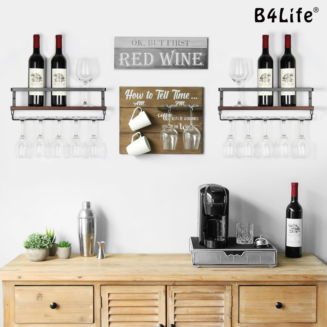 B4Life Wandmontierte Weinregal mit Glashalter, 2er Set Weinglasregal Holz, Vintage Flaschenregal aus