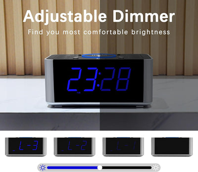 iTOMA Radiowecker Kabelloses Laden, Snooze, Digitales UKW-Radio mit Bluetooth Dual Alarm, Dimmer LED