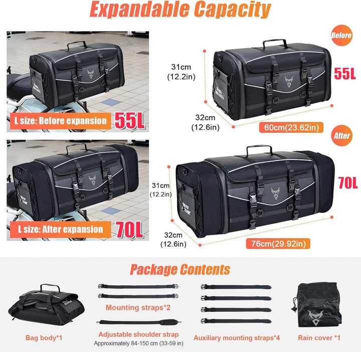 MIGHTYDUTY Motorrad Hecktasche Expandable 55-70L wasserdichte Faltbare Durable Multifunktionale Port