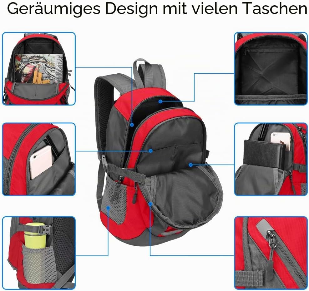 Kleiner Tagesrucksack 20L Radfahren Wanderrucksack Wasserdichter Reiserucksack Leichtgewicht (Rot),