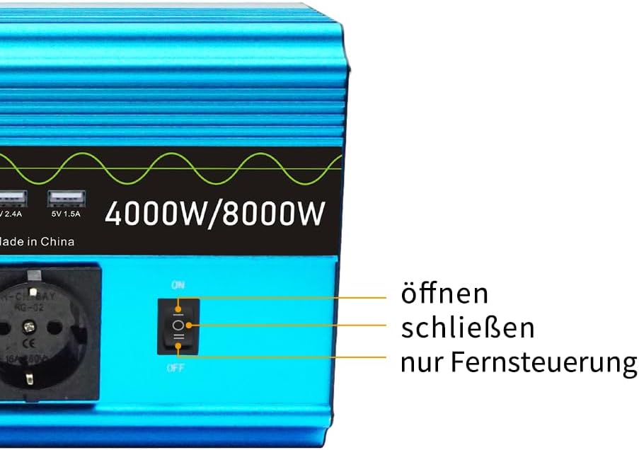 Yinleader Wechselrichter 24V 230V 4000W / 8000W Reiner Sinus-Spannungswandler | 4 x Steckdosen und U