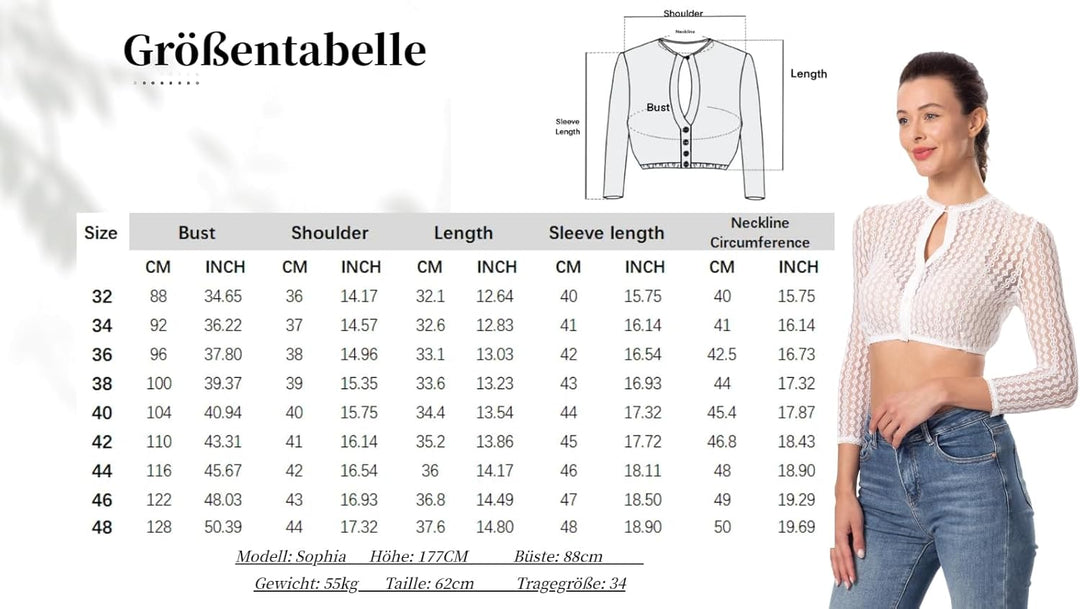 Dirndlwelle Dirndl Bluse Damen Langarm Spitze Dirndlbluse Damen 3/4 Arm Trachtenmode Knöpfe Button D