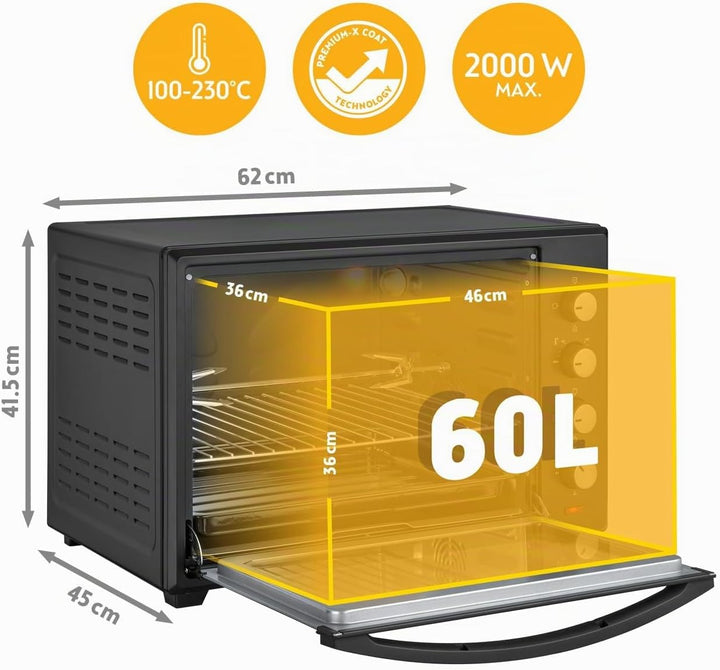 TZS First Austria Minibackofen, 2000 Watt, 60L, mit Innenbeleuchtung, Umluft-Funktion, Drehspiess fü
