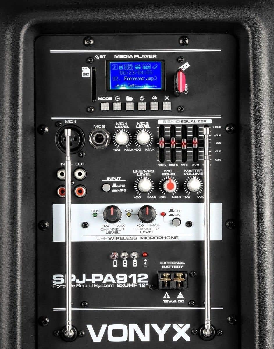 Vonyx SPJ-PA912 - Mobiler Party Lautsprecher mit Akku, 500 Watt, Karaoke Anlage mit 2 Mikrofonen, Mu