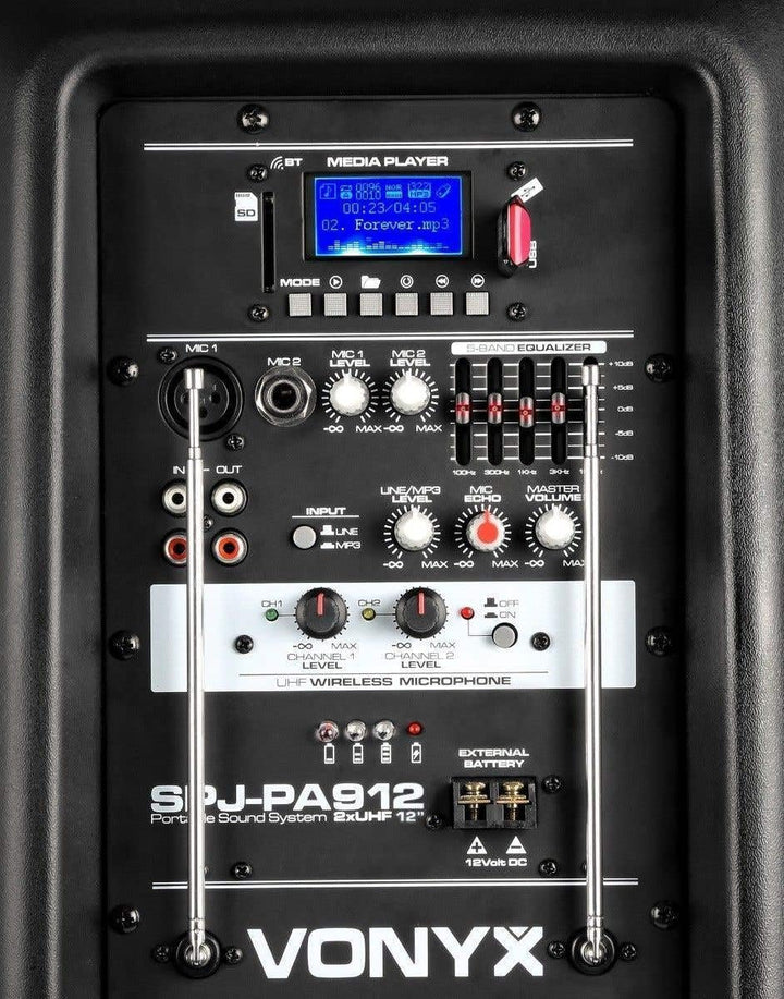 Vonyx SPJ-PA912 - Mobiler Party Lautsprecher mit Akku, 500 Watt, Karaoke Anlage mit 2 Mikrofonen, Mu