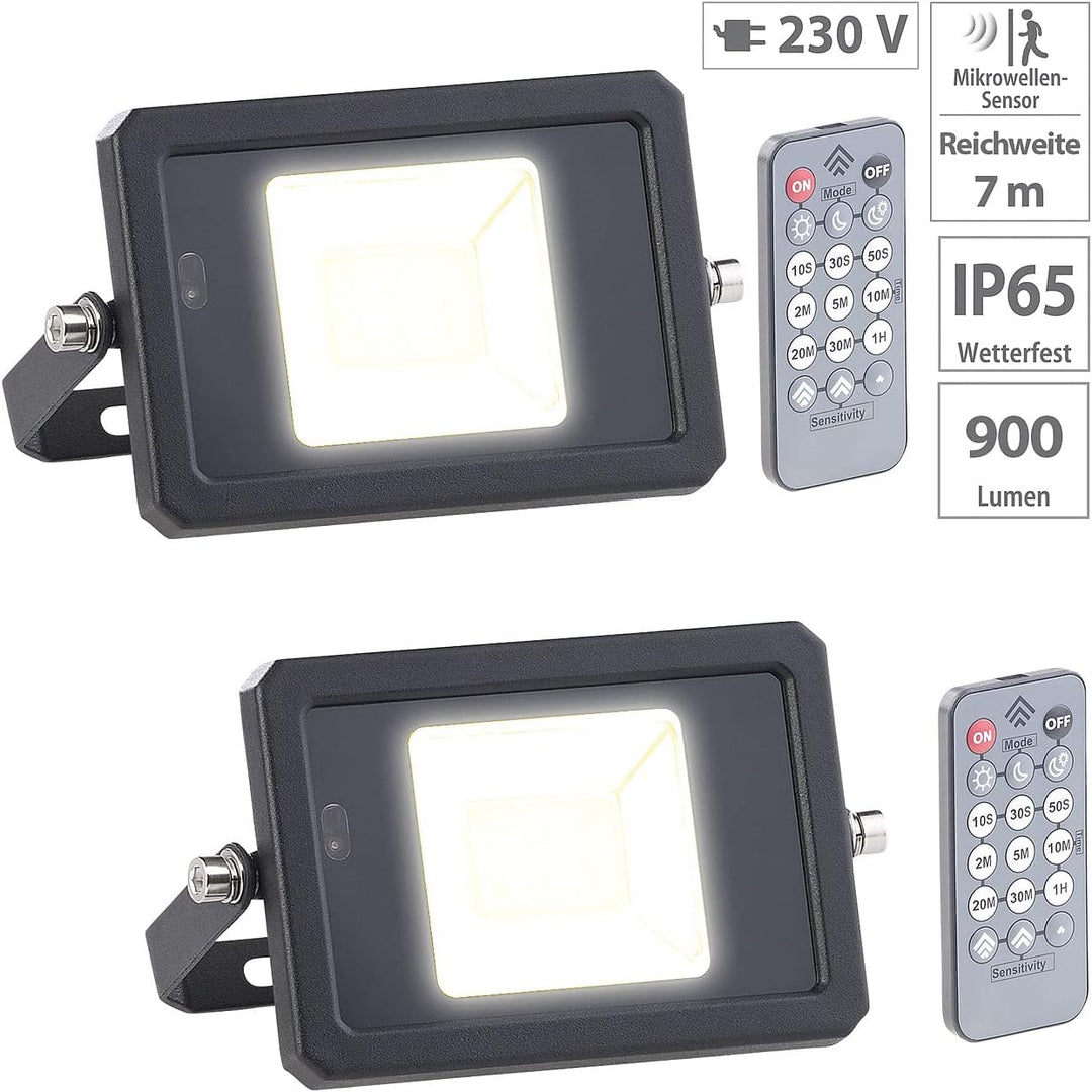 Luminea LED-Fluter Fernbedienung: 2er-Set wetterfeste LED-Fluter, Radar-Bewegungssensor, Fernbed., 1