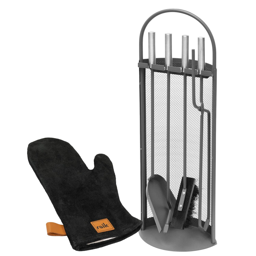 raik Kaminbesteck Set Arthur 4-teilig inkl. Rindsleder Ofenhandschuh schwarz Kamingarnitur Stahl Sch