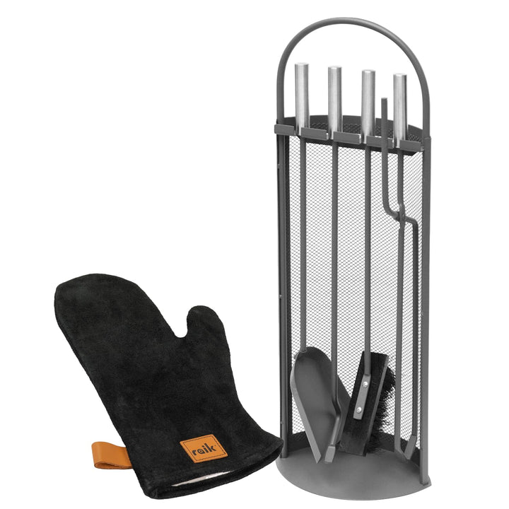 raik Kaminbesteck Set Arthur 4-teilig inkl. Rindsleder Ofenhandschuh schwarz Kamingarnitur Stahl Sch