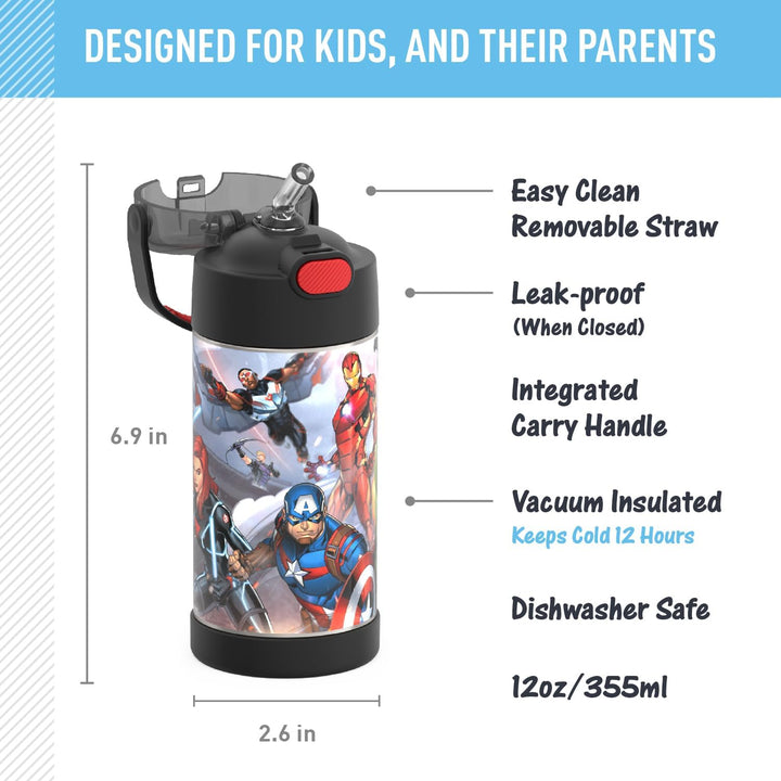 THERMOS FUNTAINER 12 Ounce Stainless Steel Vacuum Insulated Kids Straw Bottle, Avengers