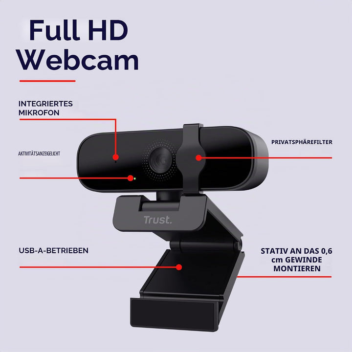 Trust Tanor 1080p Webcam PC, Full HD USB Web Cam mit Blickschutzfilter, PC Kamera mit Mikrofon, Fixf