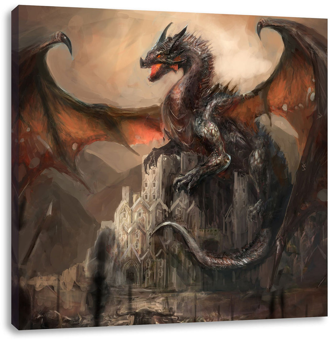 Drache schützend über Burg, Format: 70x70 auf Leinwand, XXL riesige Bilder fertig gerahmt mit Keilra