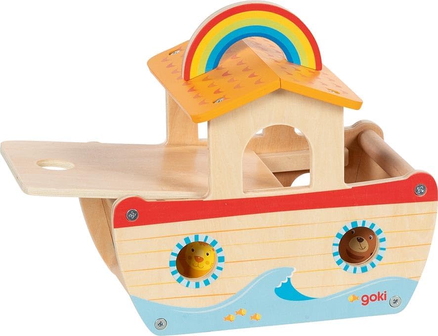 goki 51464 - Meine kleine Arche Noah, buntes Lernspielzeug aus Holz für Kinder, Tiere wie Löwe, Elef