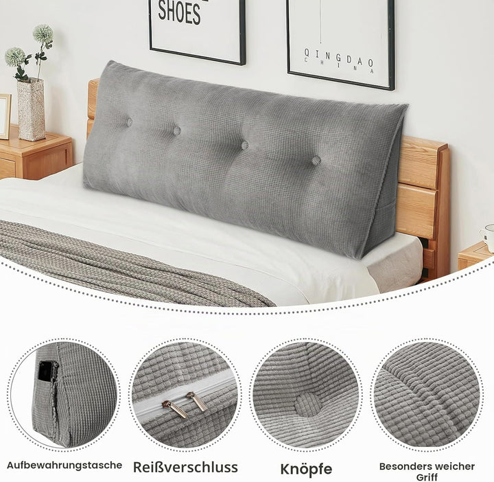 OHMG 140CM Rückenkissen,Lesekissen Für Bett Und Sofa,Praktisches Seitenfach,Removable Cover,Keilkiss