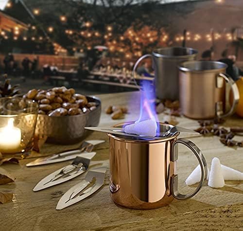 APS Mini Feuerzangenbowle Set, 2 Edelstahl Becher im Kupfer-Look, Punschgefäss, 2 Mini-Feuerzangen,