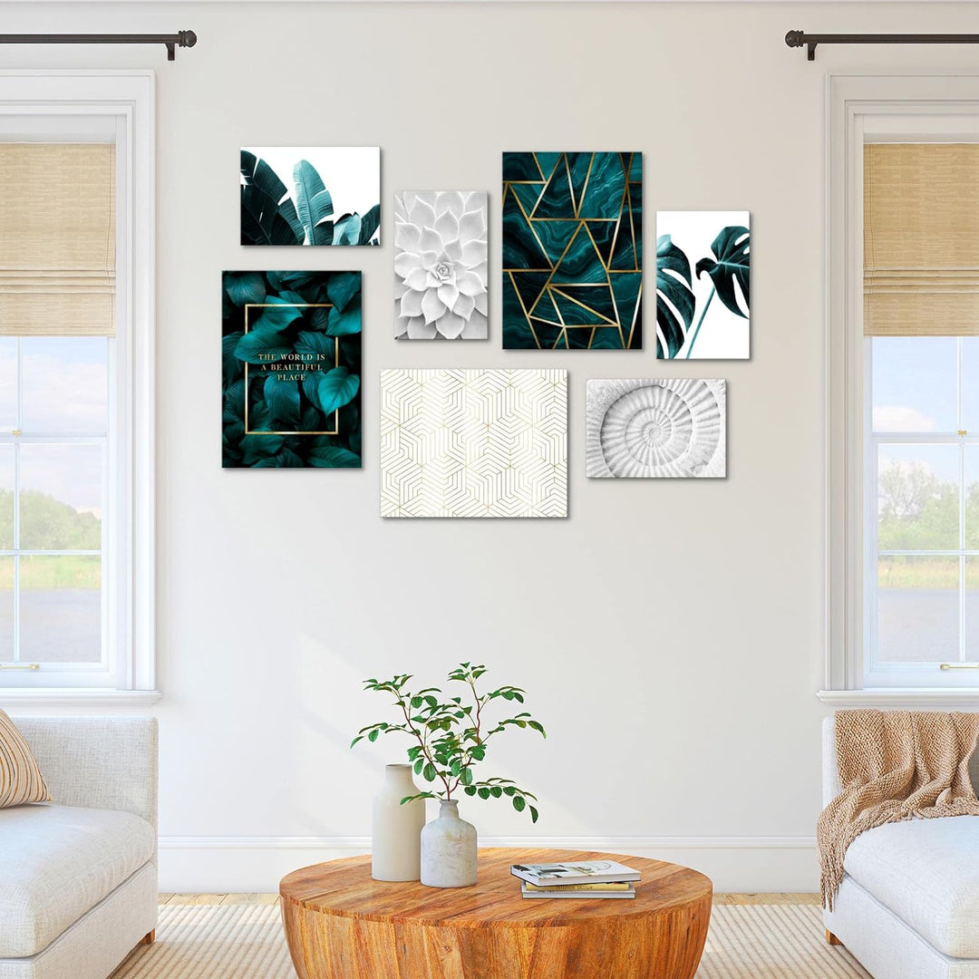 Novart Wandbilder Grün Blätter - KOMPLETT AUFHÄNGFERTIG - Abstrakt Wohnzimmer Schlafzimmer- 7 Modern