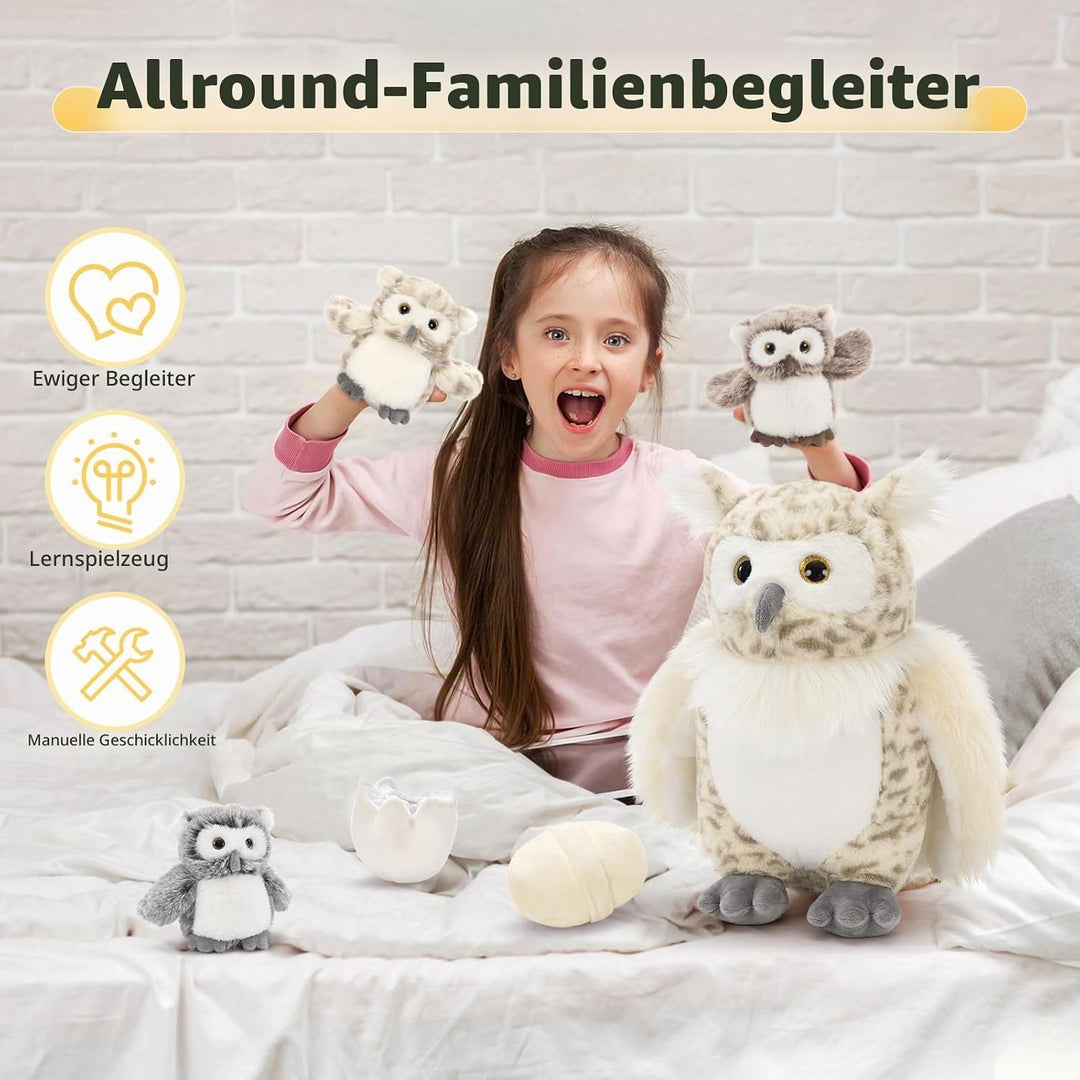 MorisMos gross Eule Kuscheltier XXL Set, 40cm hoch riesen Eule Kuscheltier mit 3 Babys im Bauch, owl