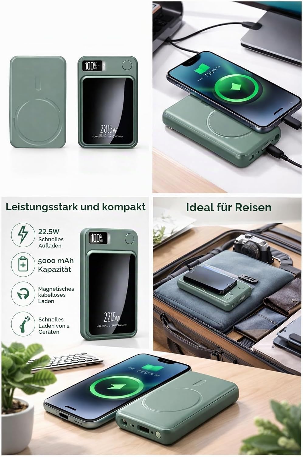 Magnetische Powerbank 5000mAh Mini 22.5W PD Schnellladen mit LED Display – kompatibel mit Samsung, M