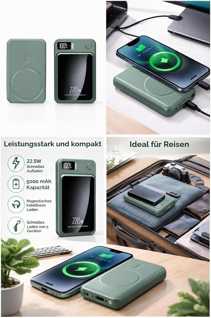 Magnetische Powerbank 5000mAh Mini 22.5W PD Schnellladen mit LED Display – kompatibel mit Samsung, M