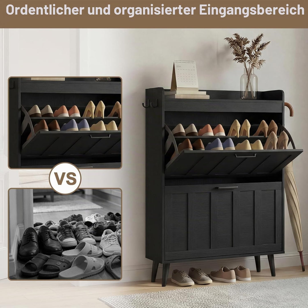 Schuhschrank Schmal mit 2 Klappschubladen, Landhausstil Schuhaufbewahrung für Flur Wohnzimmer, Kipps