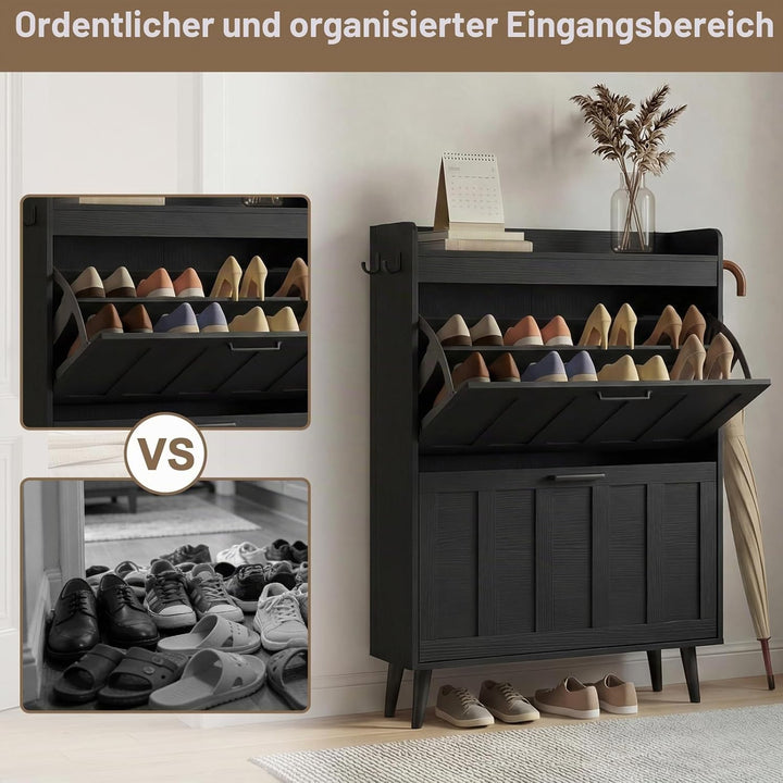 Schuhschrank Schmal mit 2 Klappschubladen, Landhausstil Schuhaufbewahrung für Flur Wohnzimmer, Kipps
