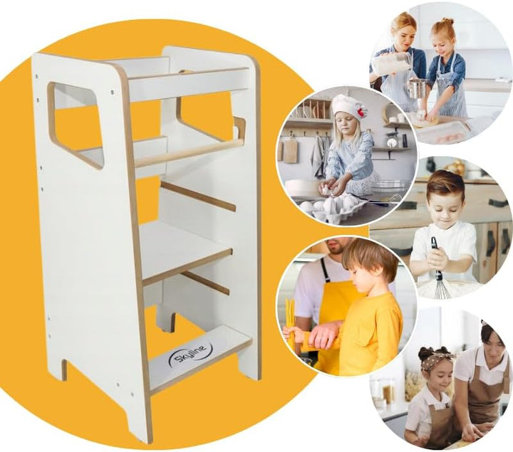 Baby Montessori Lernturm Kleinkind Trittstufe mit Verstellbarer Höhe und Sicherheitsschiene Kitchen