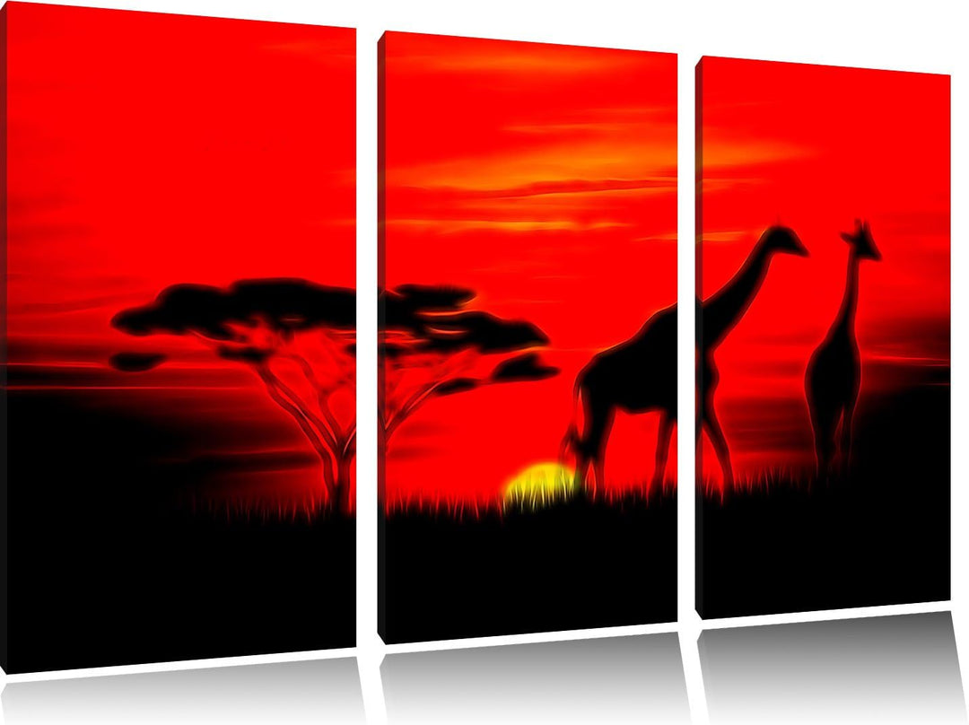 Pixxprint Giraffen im Sonnenuntergang / 3-Teilig/Gesamtmass 120cm Leinwandbild bespannt auf Holzrahm