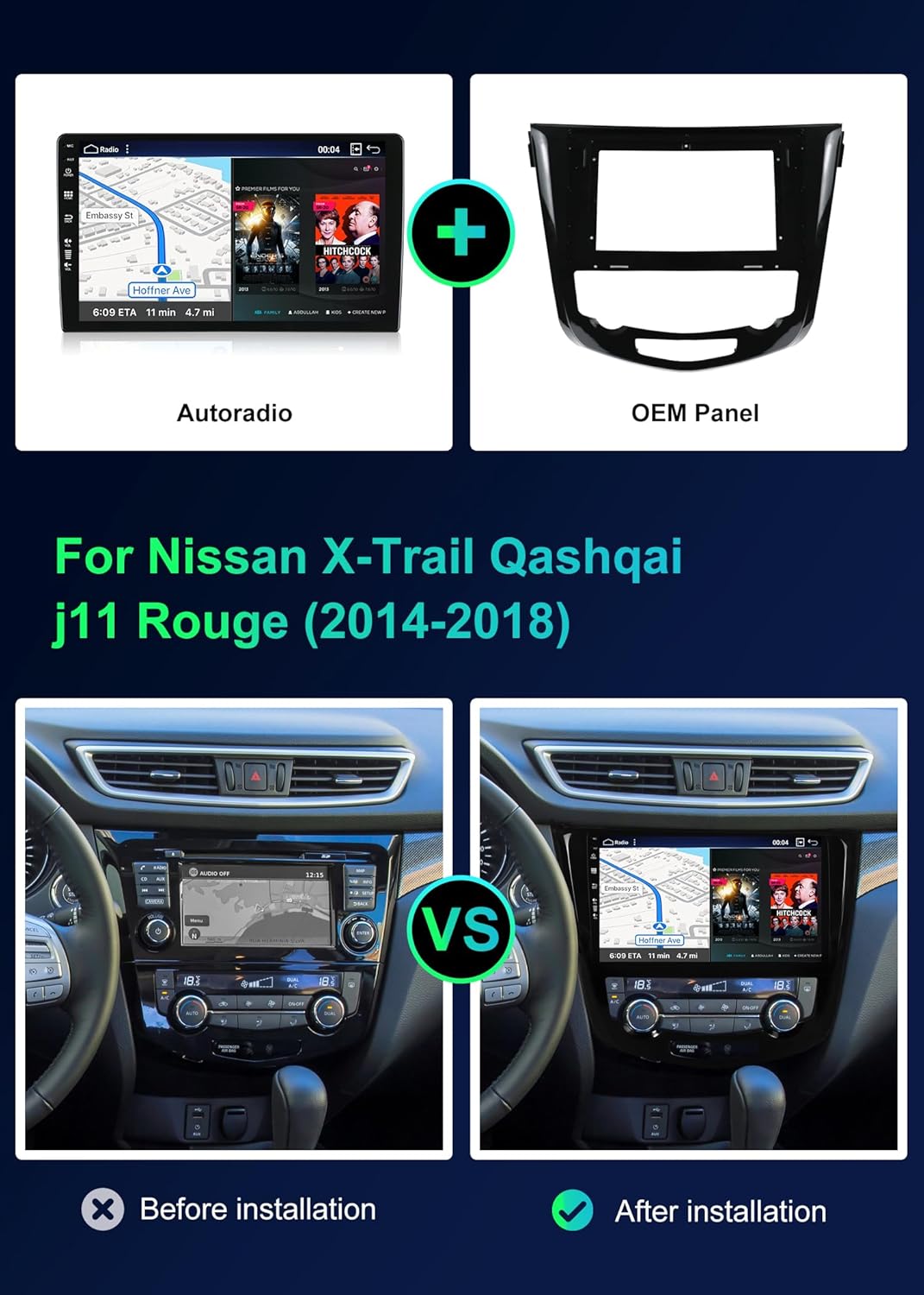 SXAUTO Android 12 IPS Autoradio für Nissan X-Trail Qashqai J11 Rouge(2014-2018) - Eingebaut Carplay/
