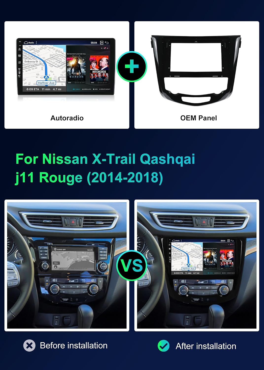 SXAUTO ¦ 8G+256G ¦ Android 12 IPS Autoradio für Nissan X-Trail Qashqai J11 Rouge(2014-2018) - Eingeb