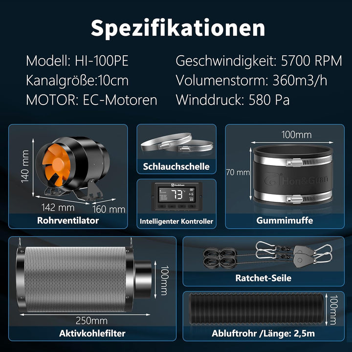Hon&Guan Abluftset 100mm, Rohrventilator 100mm mit Temperatur- und Feuchtigkeitsregler, Aktivkohlefi