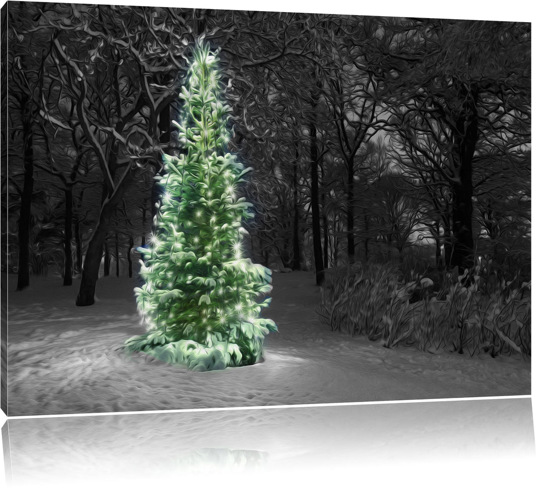 Weihnachtsbaum im Winterwald schwarz/weiss Format: 100x70 auf Leinwand, XXL riesige Bilder fertig ge