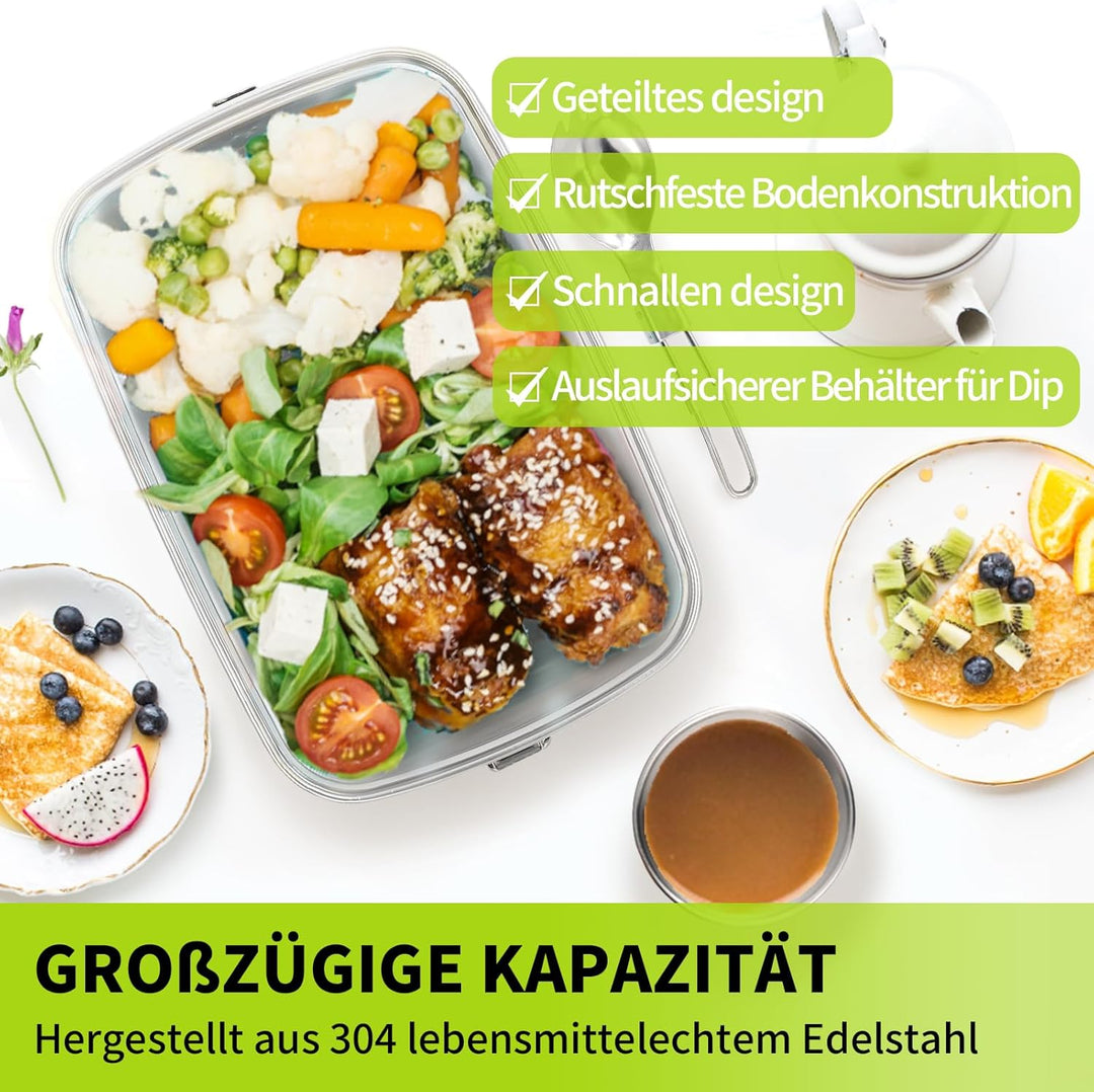 Brotdose Edelstahl, 2000ML Lunchbox Auslaufsicher mit Fächer und Dichtring–BPA-frei–Lunchbox für Pic
