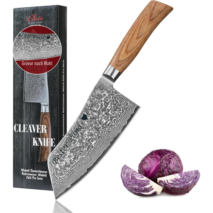 Wakoli EDIB Pro Damast Chinesisches Kochmesser Chai Dao mit Gravur – Personalisiertes Messer, 17cm K
