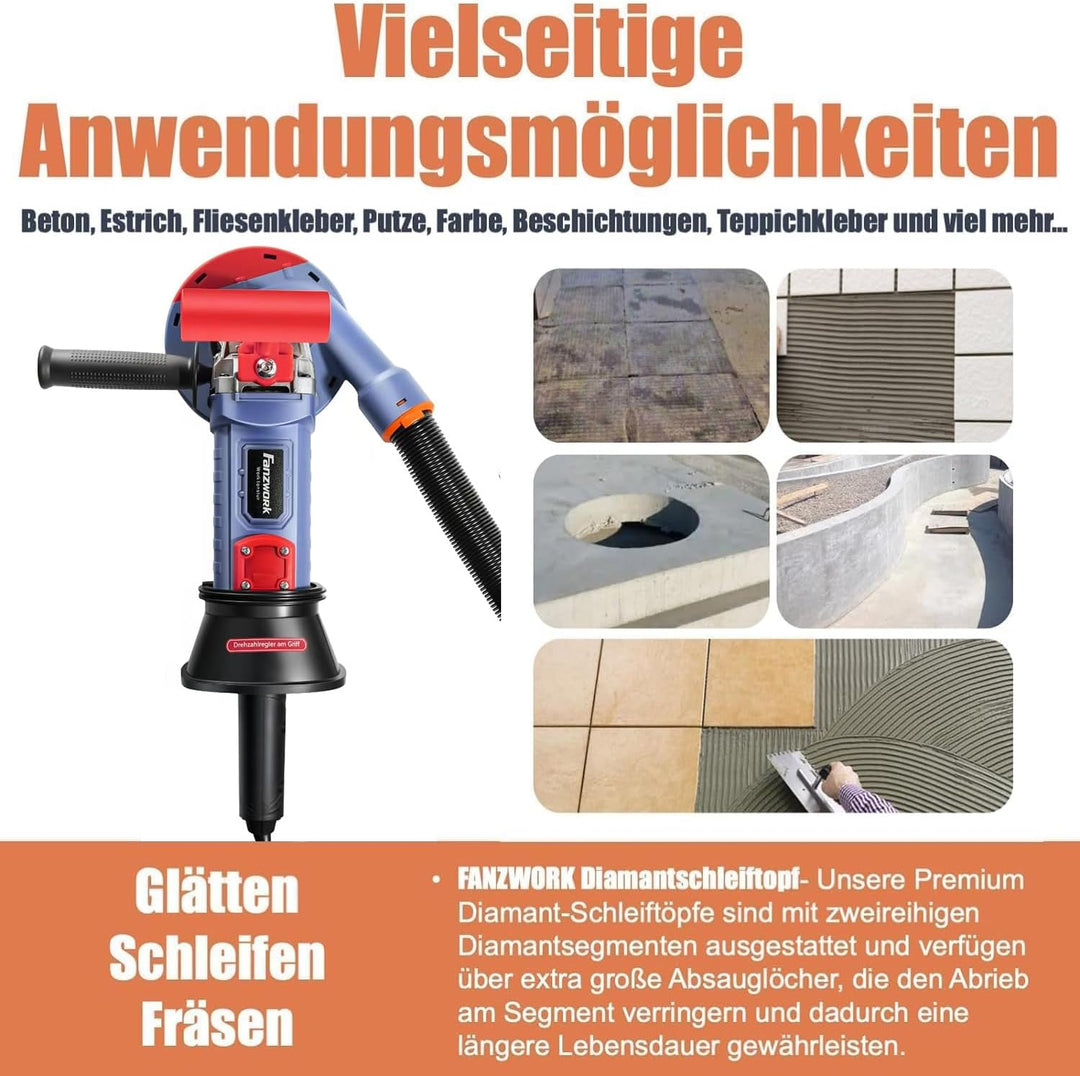 FANZWORK 1500W Betonschleifer Betonfräse Set, Drehzahlregelbar, inkl. Premium 125mm Diamantschleifto