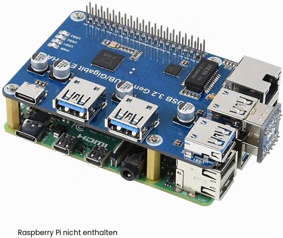 USB 3.2 Gen1 and Gigabit Ethernet HUB HAT for Raspberry Pi Series Board, 3X USB 3.2 Gen1, 1x Gigabit
