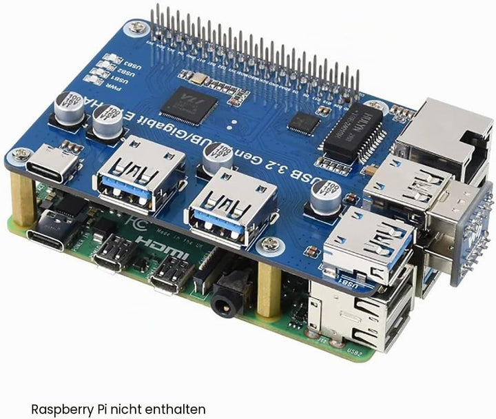 USB 3.2 Gen1 and Gigabit Ethernet HUB HAT for Raspberry Pi Series Board, 3X USB 3.2 Gen1, 1x Gigabit